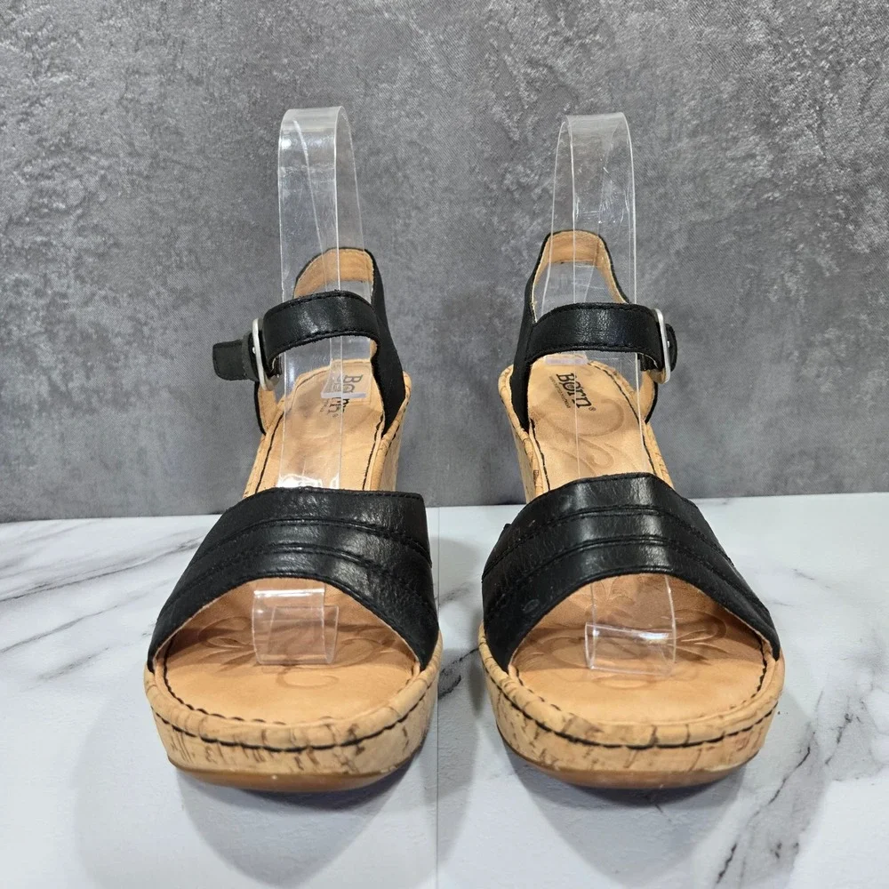 Born Womens 7 Black Leather Slingback Cork Wedge Sandals Comfort Shoes Platform